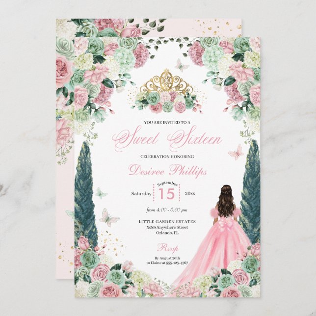 Invitación Princesa Rosa Encantada Jardín Dulce Dieciséis (Anverso / Reverso)