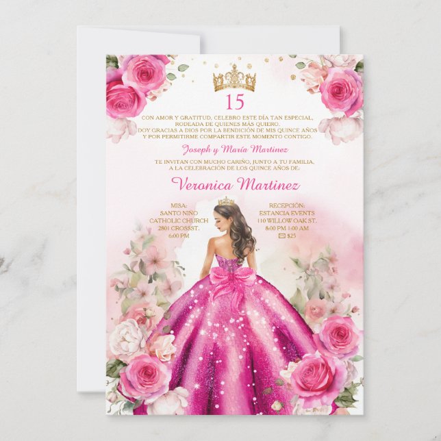 Invitación Princesa Rosa española Fuchsia 15 años cumpleaños (Anverso)