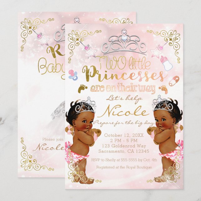 Invitación Princesa Rosa Étnica Chicas gemelos oscuros Baby S (Anverso / Reverso)
