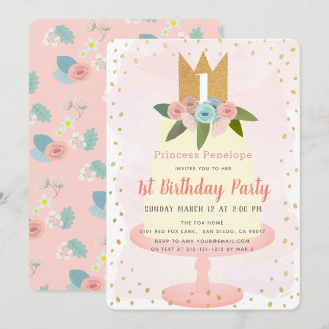 Invitación Princesa Rosa Floral Chica Pastel de Pasteles Prim (Anverso / Reverso)
