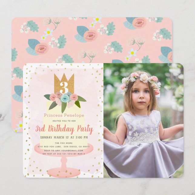 Invitación Princesa Rosa Floral Pastel Chica Foto Cumpleaños (Anverso / Reverso)