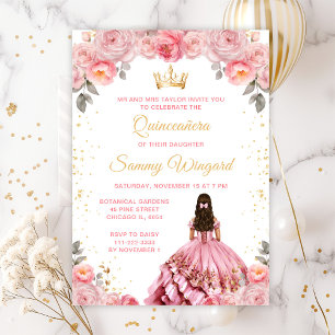 Invitación Princesa Rosa Floral Quinceañera