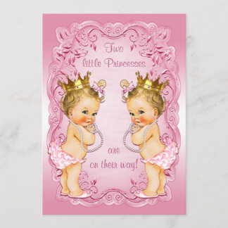 Invitación Princesa Rosa Gemelas con Perlas Baby Shower