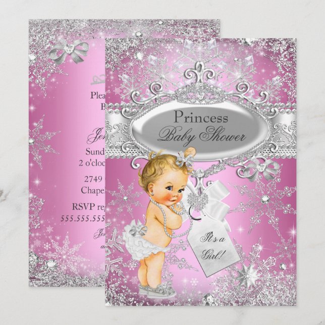Invitación Princesa Rosa Invierno Wonderland Baby Shower Blon (Anverso / Reverso)