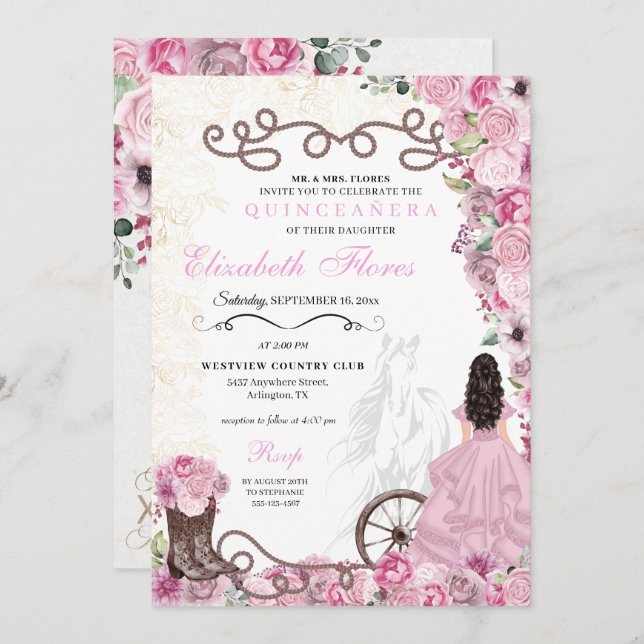 Invitación Princesa Rosa Occidental Floral Charra Quinceañera (Anverso / Reverso)