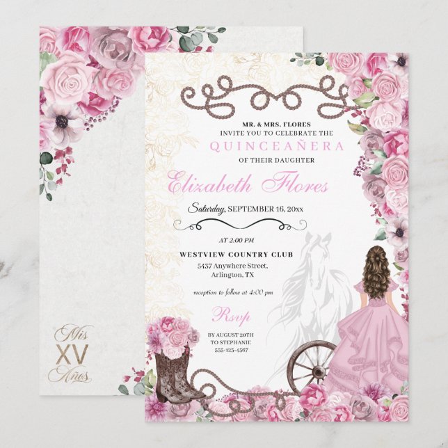 Invitación Princesa Rosa Occidental Floral Charra Quinceañera (Anverso / Reverso)