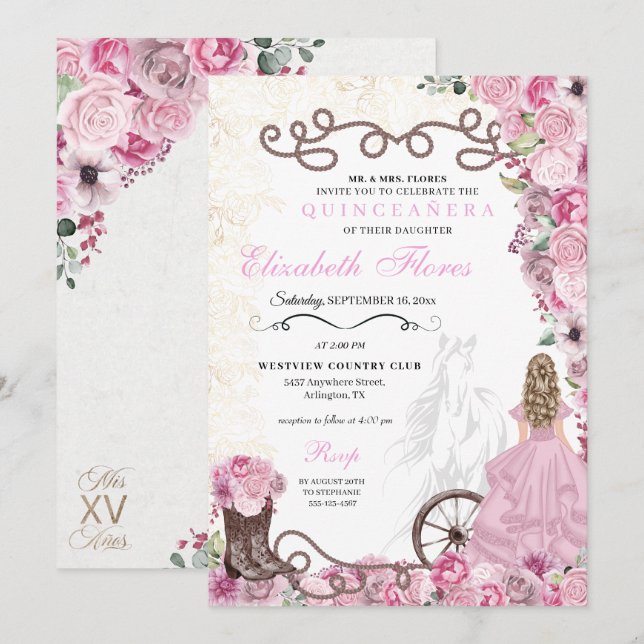 Invitación Princesa Rosa Occidental Floral Charra Quinceañera (Anverso / Reverso)