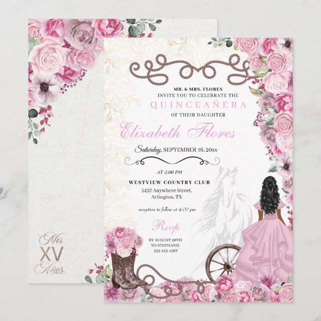 Invitación Princesa Rosa Occidental Floral Charra Quinceañera (Anverso / Reverso)