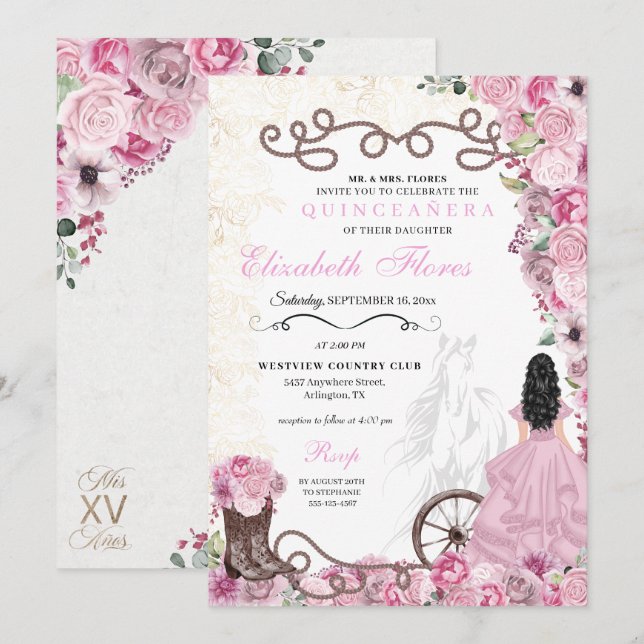 Invitación Princesa Rosa Occidental Floral Charra Quinceañera (Anverso / Reverso)