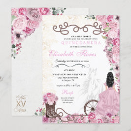 Invitación Princesa Rosa Occidental Floral Charra Quinceañera