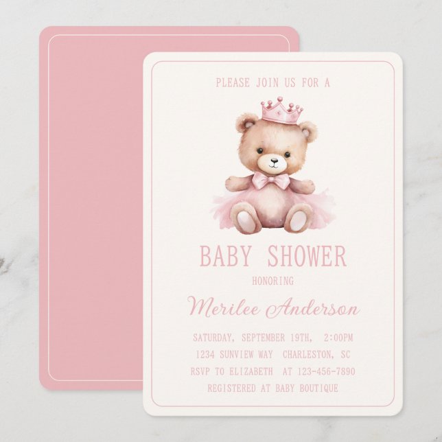 Invitación Princesa Rosa Oso Niña Baby Shower (Anverso / Reverso)