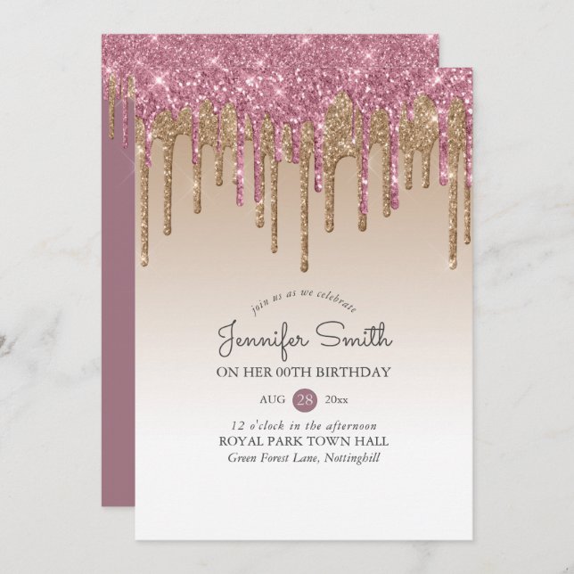 Invitación Princesa ROSA PINK GOLD Drip Purpurina CUALQUIER C (Anverso / Reverso)