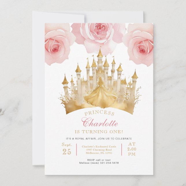 Invitación Princesa Rosa Primer Fiesta de cumpleaños Corona d (Anverso)