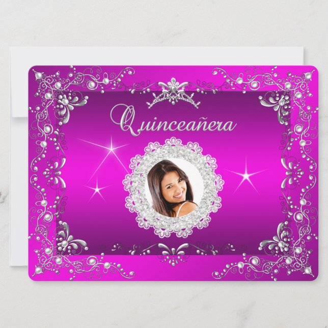 Invitación Princesa Rosa Quinceañera Tiara de Plata Fiesta (Anverso)