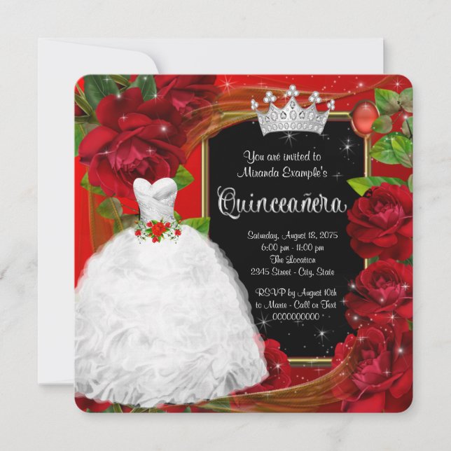 Invitación Princesa Rosa Roja Quinceanera (Anverso)