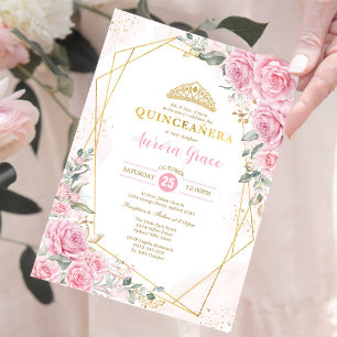 Invitación Princesa Rosa Rosa Quinceañera Geométrica de Oro