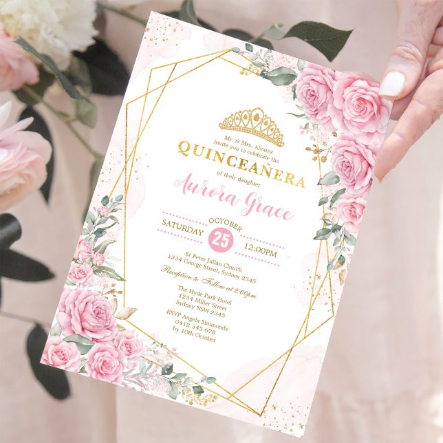 Invitación Princesa Rosa Rosa Quinceañera Geométrica de Oro (Subido por el creador)