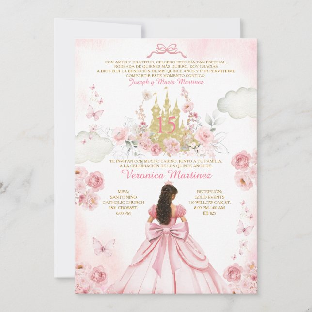 Invitación Princesa rosa Rubor 15 años (Anverso)