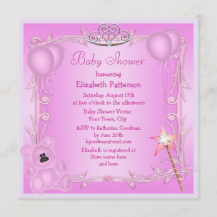 Invitación Princesa Rosa Teddy Oso y Globos Baby Shower