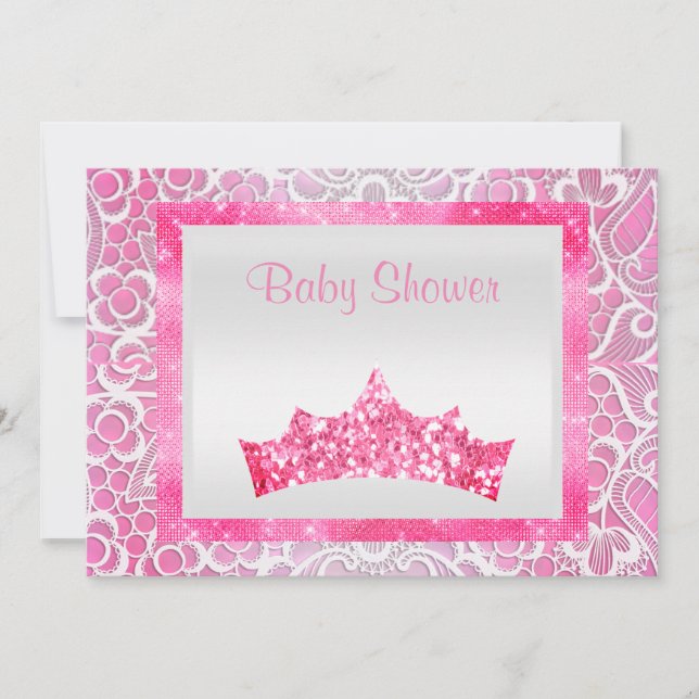 Invitación princesa rosa tema bebé ducha encaje tiara brillan (Anverso)