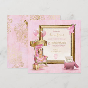 Invitación Princesa Rosa Terciopelo Trono Corona Dorada Cumpl