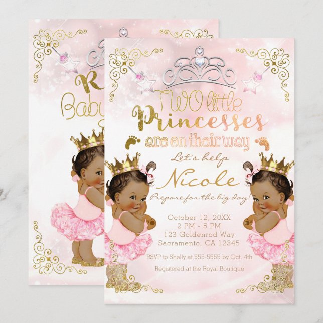 Invitación Princesa Rosa Tutu y Chicas gemelos Baby Shower (Anverso / Reverso)