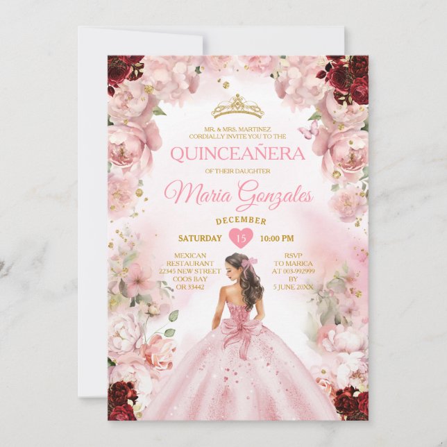 Invitación Princesa Rosa Vestida Borgoña Floral Quinceañera (Anverso)