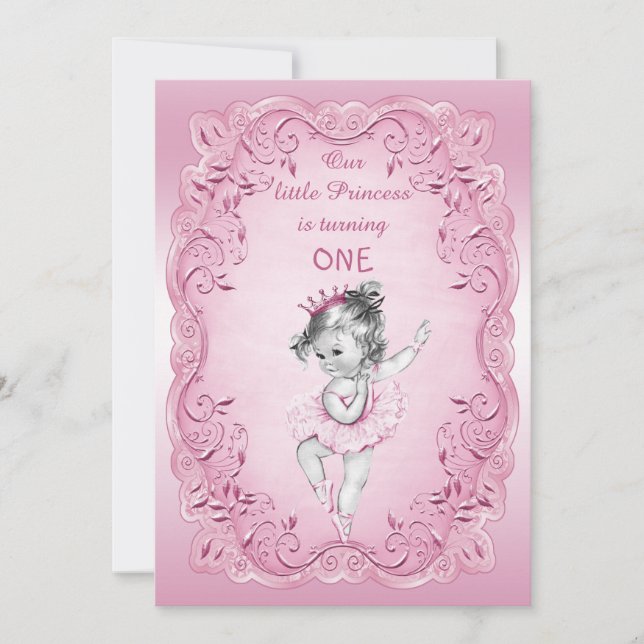 Invitación Princesa Rosa Vieja Ballerina Primer Fiesta de Cum (Anverso)