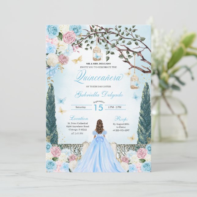 Invitación Princesa Rosa y Azul Jardín encantado Quinceanera (Anverso de pie)