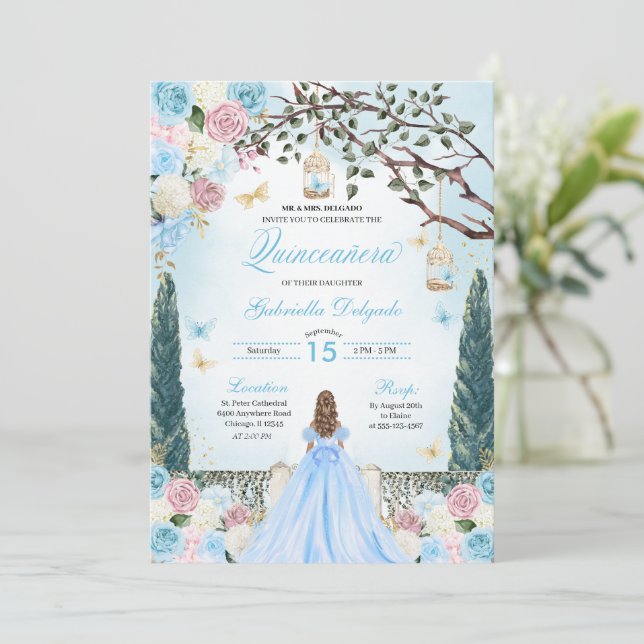 Invitación Princesa Rosa y Azul Jardín encantado Quinceanera (Anverso de pie)