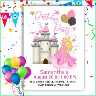 Invitación Princesa Rosa Y Chica Castillo Cumpleaños