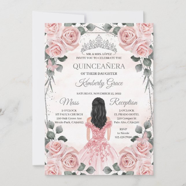 Invitación Princesa rosa y gris Quinceanera Cumpleaños (Anverso)