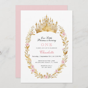 Invitación Princesa Rosa y Oro Corona cuento de hadas Cumplea