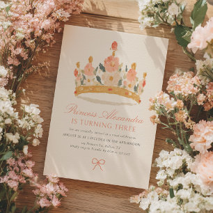 Invitación Princesa Rosa y Oro Corona Cumpleaños