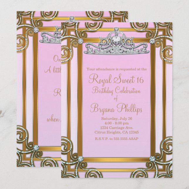 Invitación Princesa Rosa y Oro Corona Tiara Dulce 16 Fiesta (Anverso / Reverso)