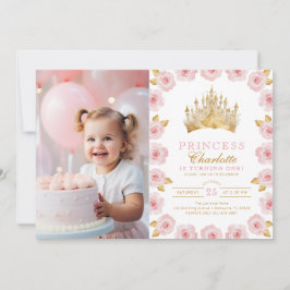 Invitación Princesa Rosa y Oro Foto de primer cumpleaños