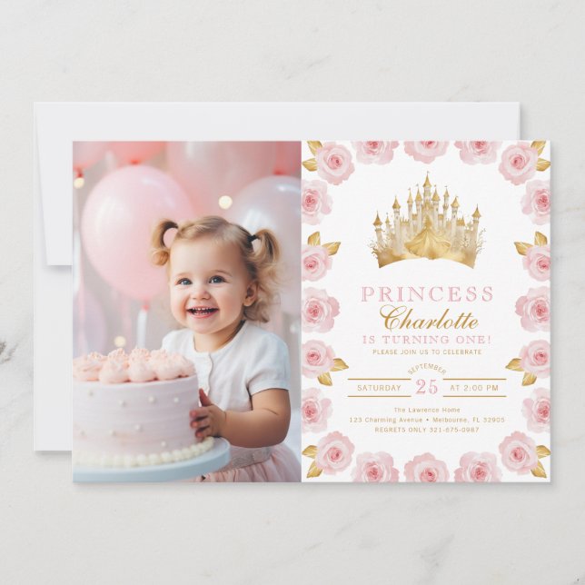Invitación Princesa Rosa y Oro Foto de primer cumpleaños (Anverso)
