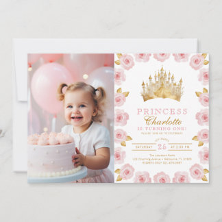 Invitación Princesa Rosa y Oro Foto de primer cumpleaños