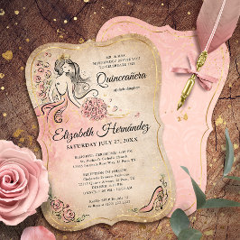 Invitación Princesa Rosa y Oro Quinceanera Cumpleaños