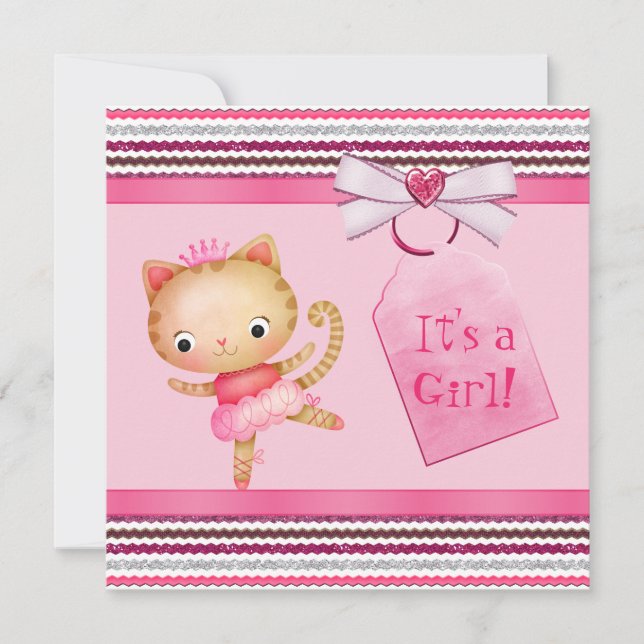 Invitación Princesa rosada Ballerina Kitty Cat Baby Shower (Anverso)