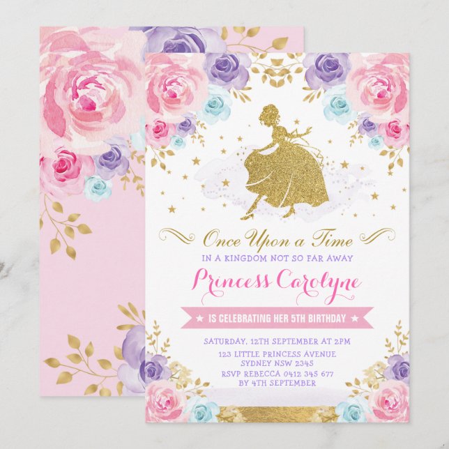 Invitación Princesa rosada Cenicienta Birthday del oro de la (Anverso / Reverso)