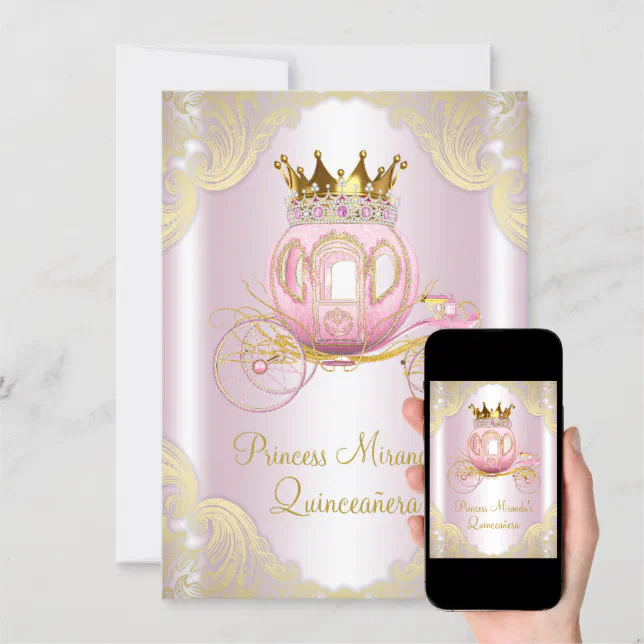 Invitación Princesa rosada Quinceanera del oro de Cenicienta 