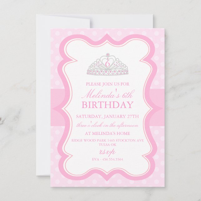 Invitación Princesa rosada Tiara Girls Birthday Invitation (Anverso)