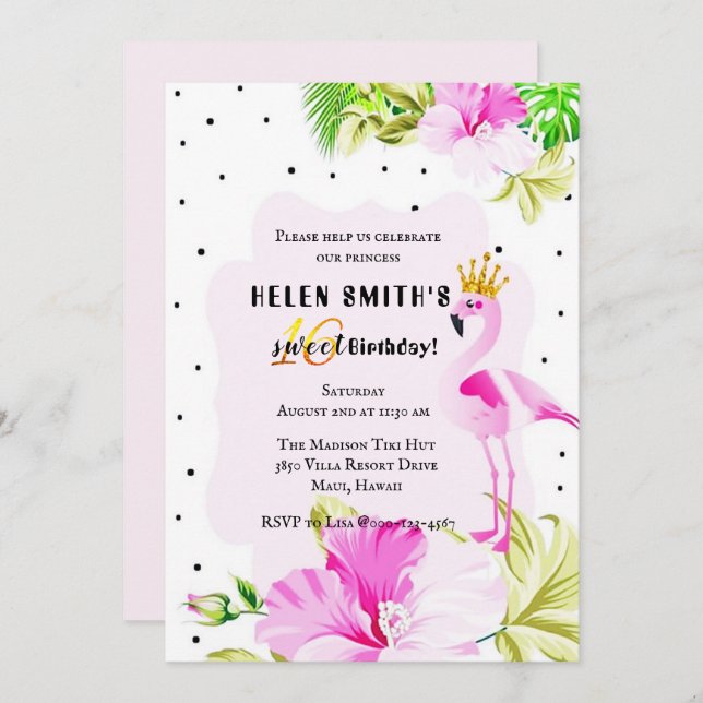 Invitación Princesa rosada Tropic Sweet 16 del flamenco del (Anverso / Reverso)