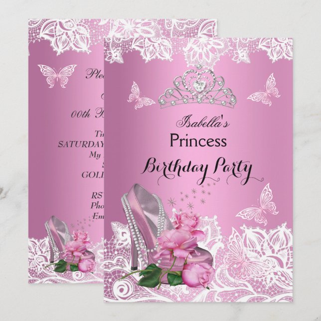 Invitación Princesa Rosas de Tacón Alto Rosa Encaje Fiesta de (Anverso / Reverso)