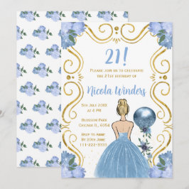 Invitación Princesa rubia de partido de cumpleaños en azul