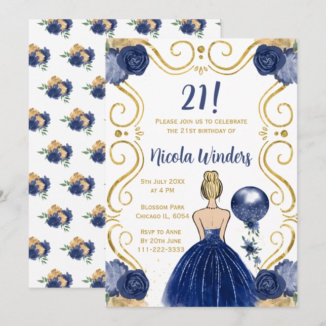 Invitación Princesa rubia de partido de cumpleaños en la mari (Anverso / Reverso)