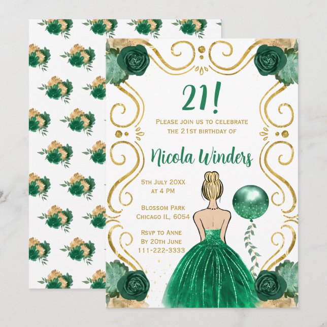 Invitación Princesa rubia de partido de cumpleaños en verde (Anverso / Reverso)