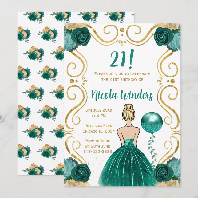 Invitación Princesa rubia de partido de cumpleaños en Verde a (Anverso / Reverso)