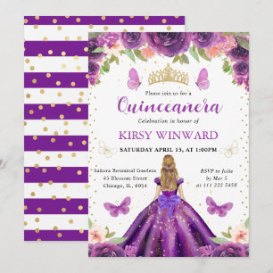 Invitación Princesa Rubia de Quince Años con Vestido Púrpura